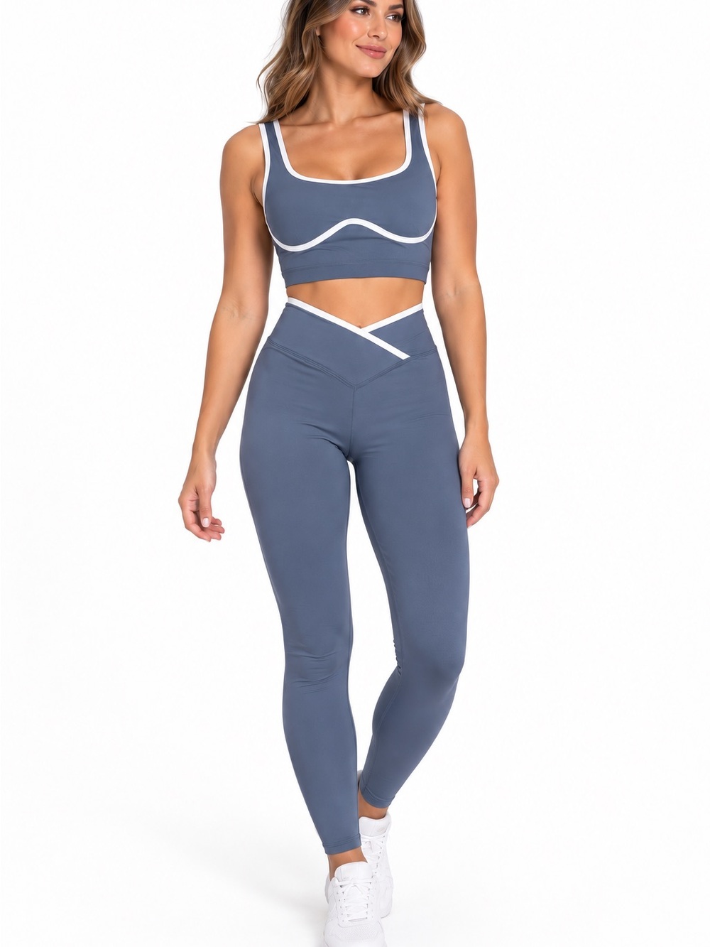 Slate Blue Contrast-Trim Sports Bra and Legging Set - Unbranded
